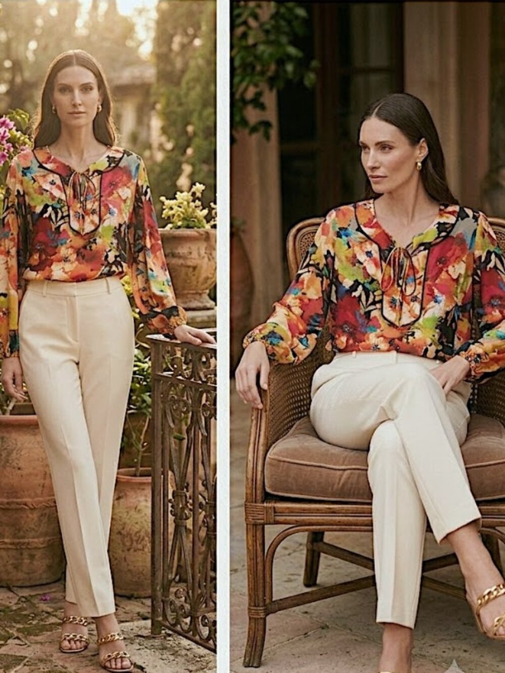 Susan Graver Floral Liquid Knit Lace-Up Neck Women's Preppy Easter Top Medium